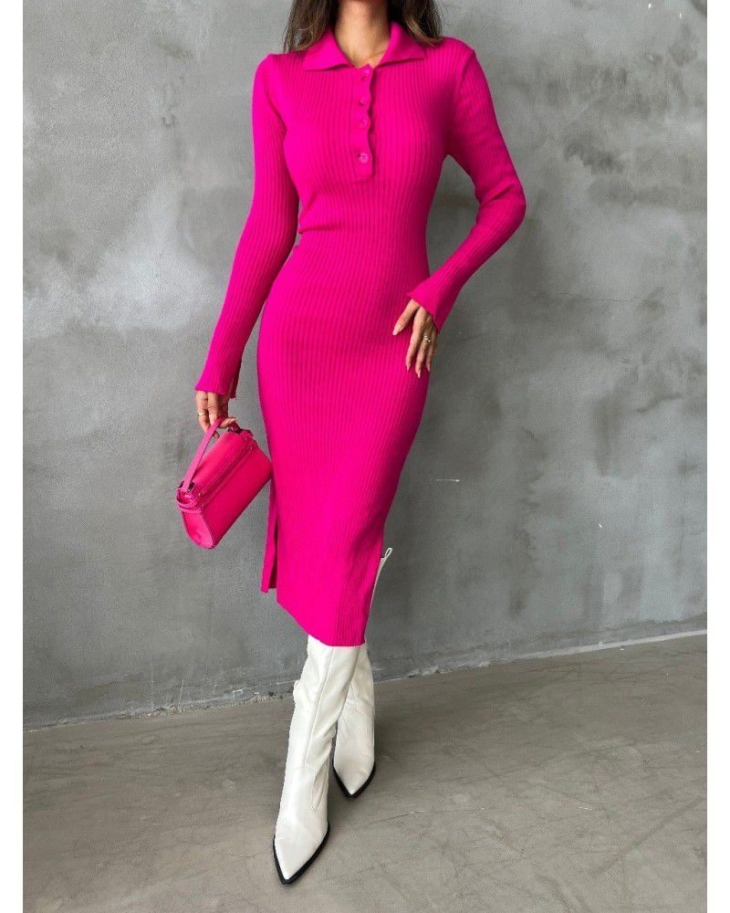 Rochie dama casual din tricot polo look fucsia