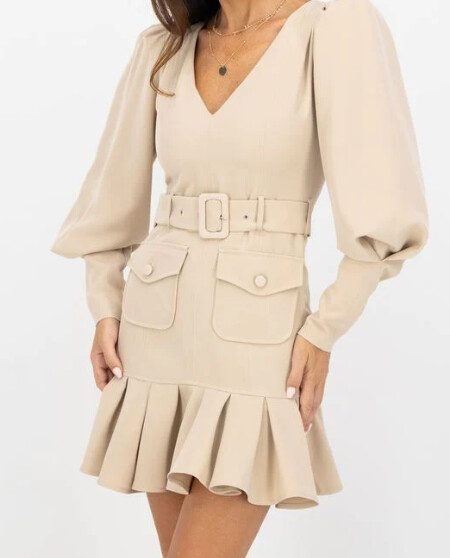 Rochie dama KING&CLOWNS crem cu maneci bufante si accesoriu la bust