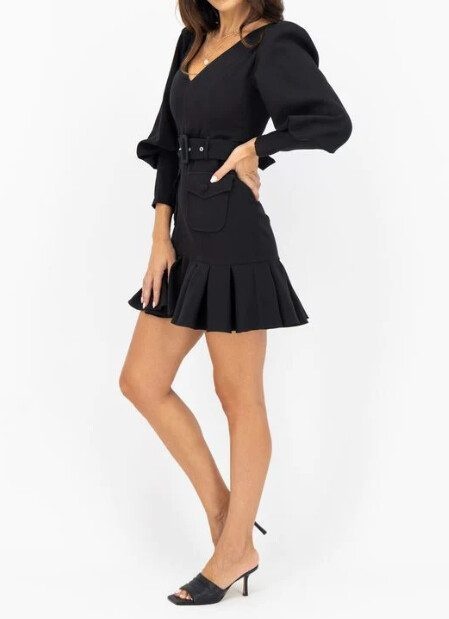 Rochie dama KING&CLOWNS neagra cu maneci bufante si accesoriu la bust - 1 | YEO