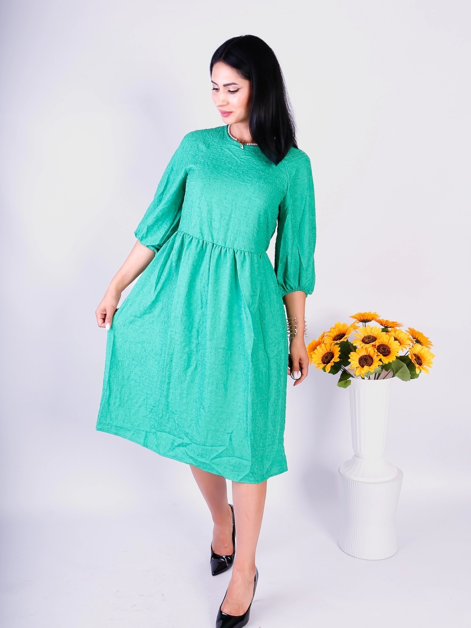 Rochie damă verde midi elegantă cu mâneci bufante - 4 | YEO