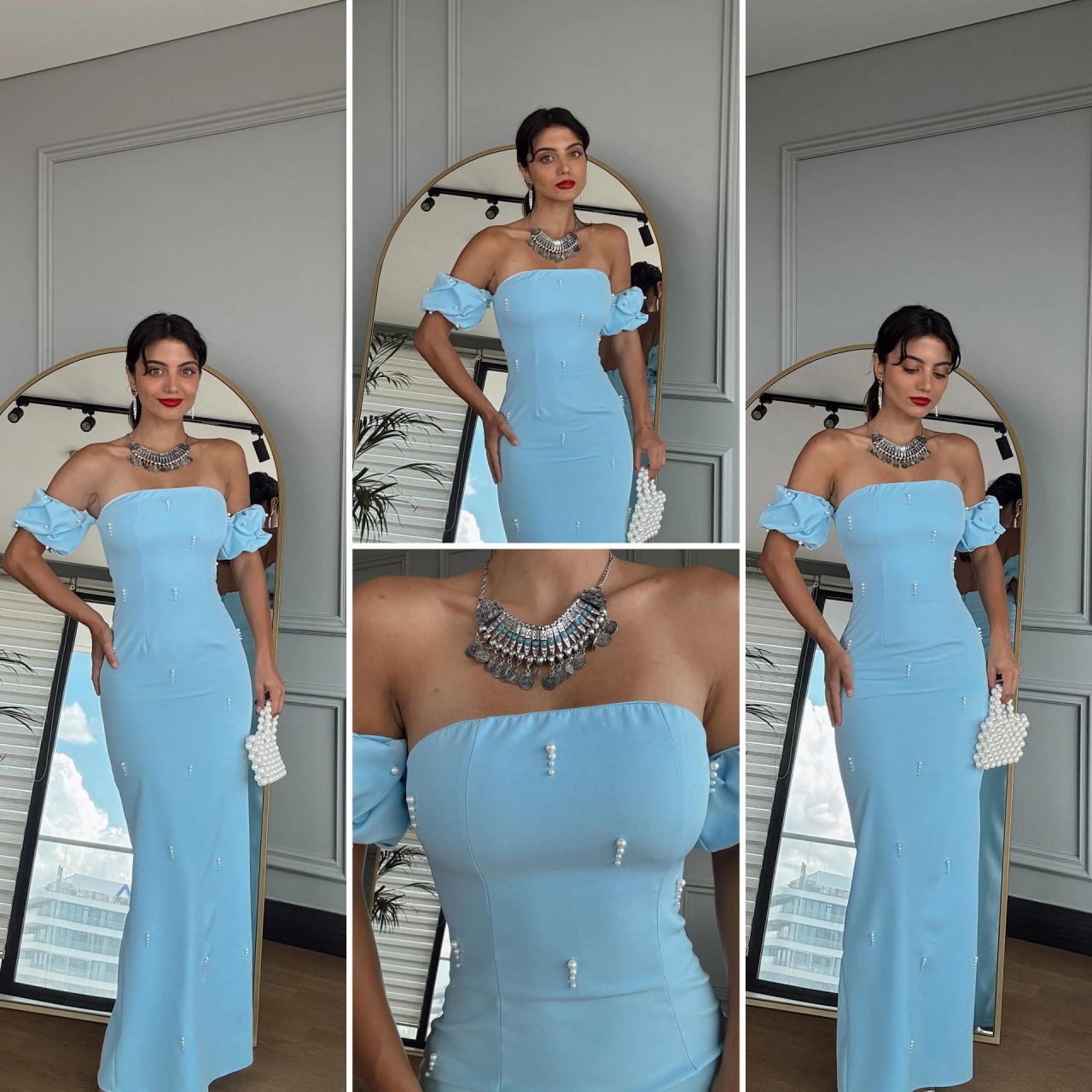 Rochie RENATA lunga accesorizata cu perle - 2 | YEO