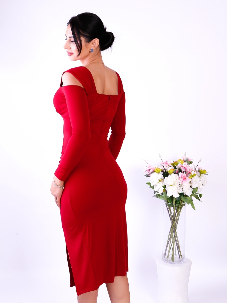 Rochie Rosie Midi Elegantă cu Mâneci Lungi - 1 | YEO