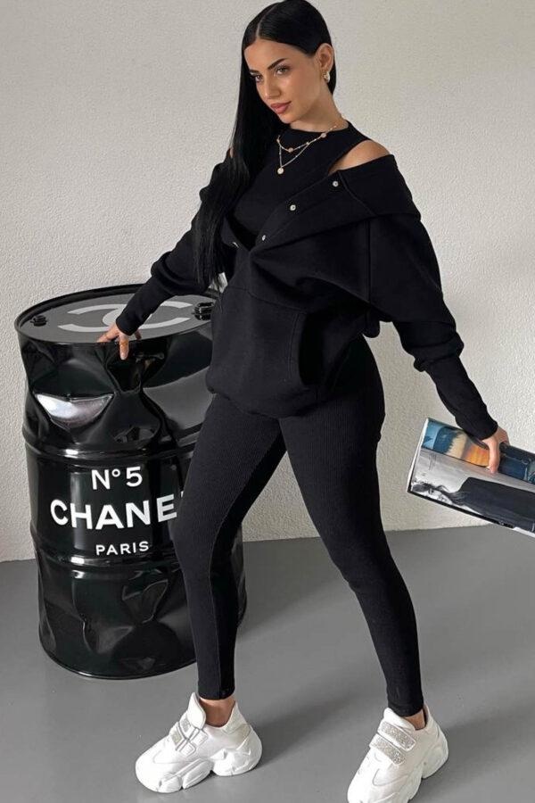 Compleu damă 3 piese negru – Bluza, top și pantaloni drepți