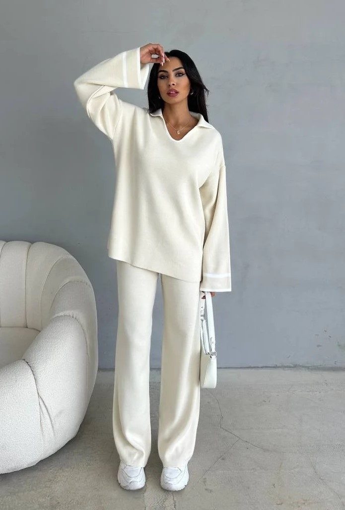 Compleu damă tricot 2 piese Pufy crem – soft & confortabil
