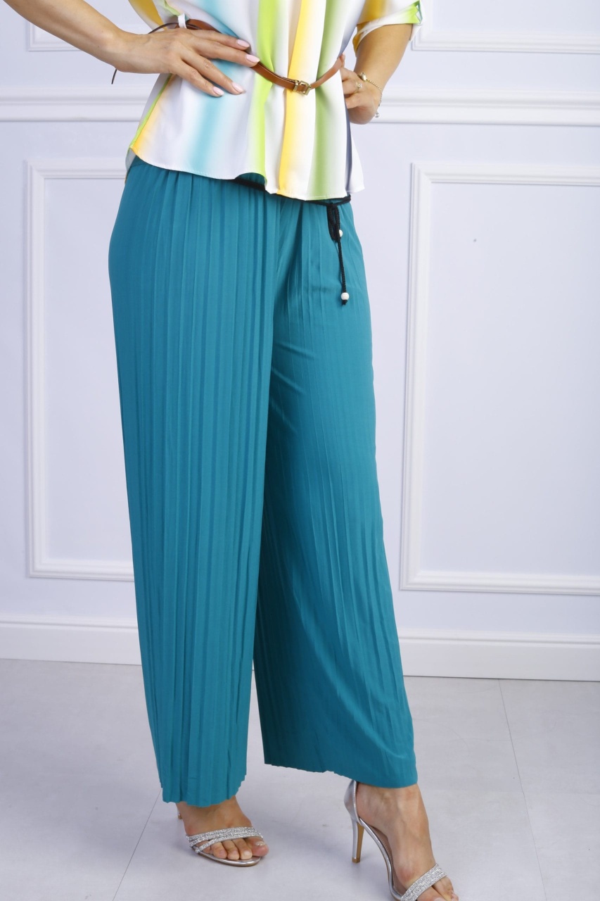 Pantaloni dama evazati cu pliuri turcoaz - 2 | YEO