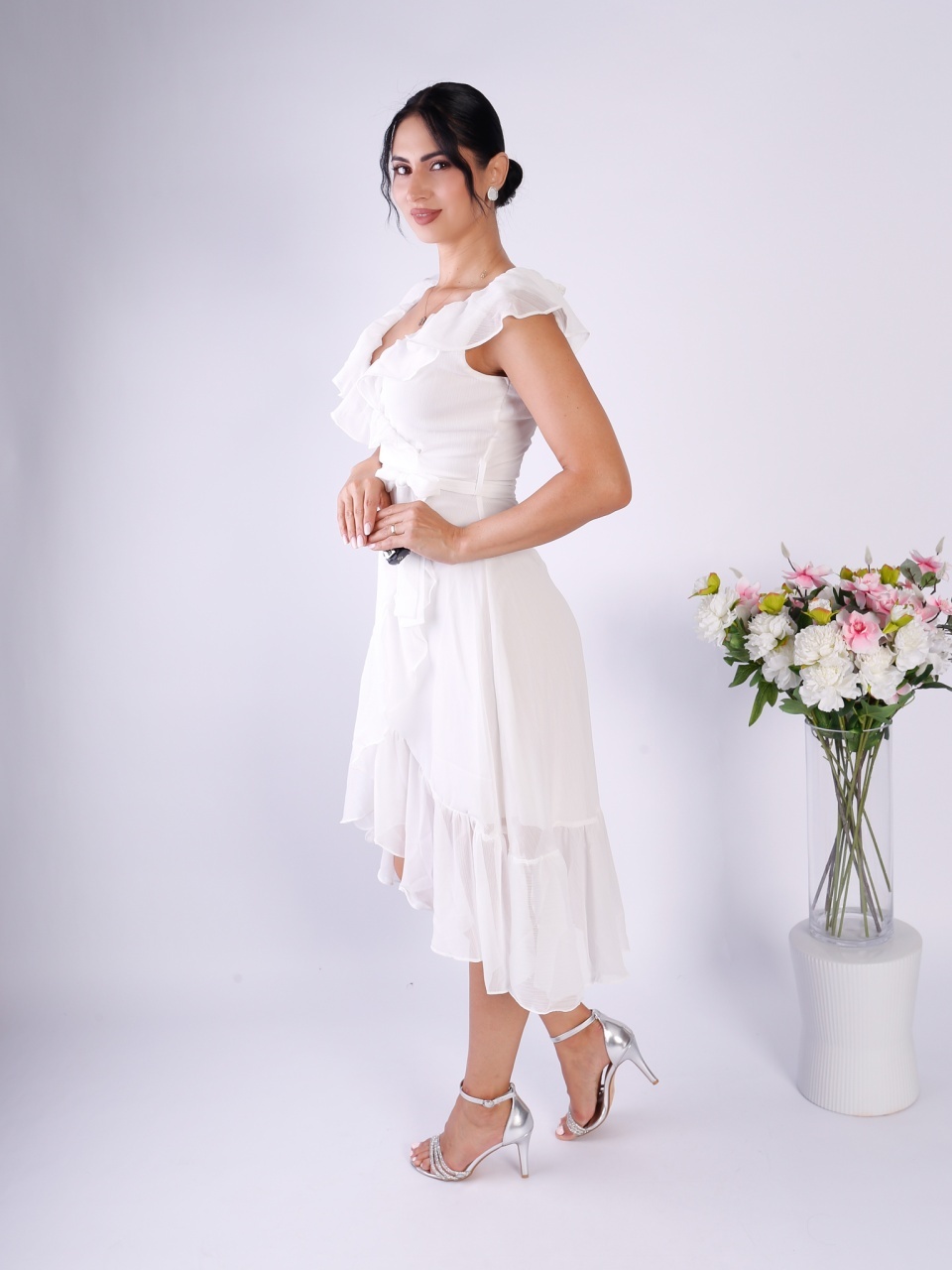 ALESSIA Rochie dama alba vaporoasa cu volane si cordon in talie - 1 | YEO