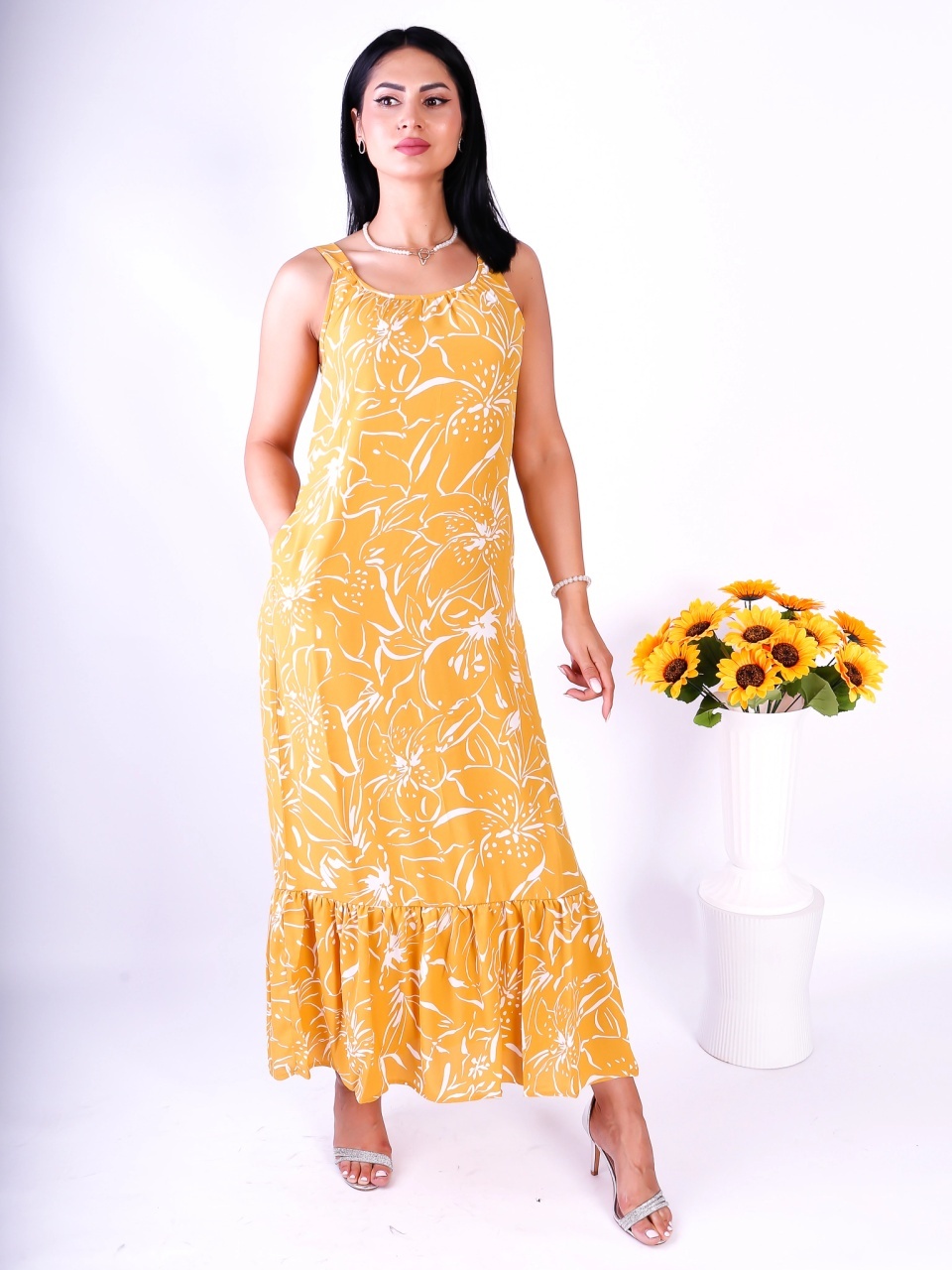 ONLY Rochie dama maxi cu imprimeu floral galben mustar - 3 | YEO