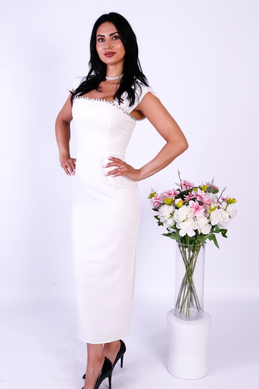Rochie damă lungă albă, accesorizată cu pietricele - 1 | YEO