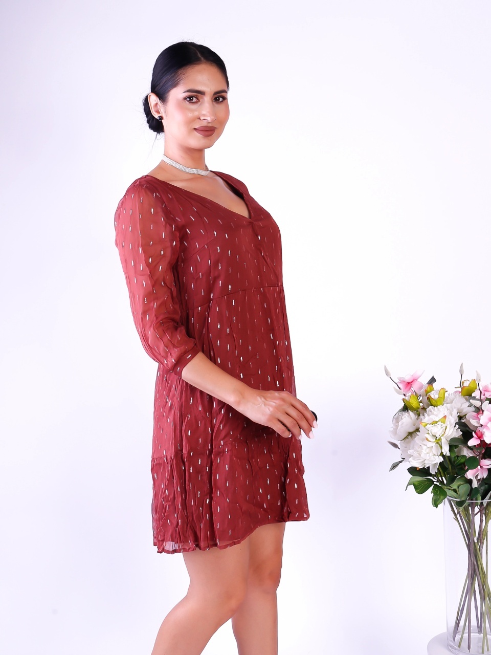 Rochie dama scurta din voal maro cu decolteu in V METTE About You - 1 | YEO