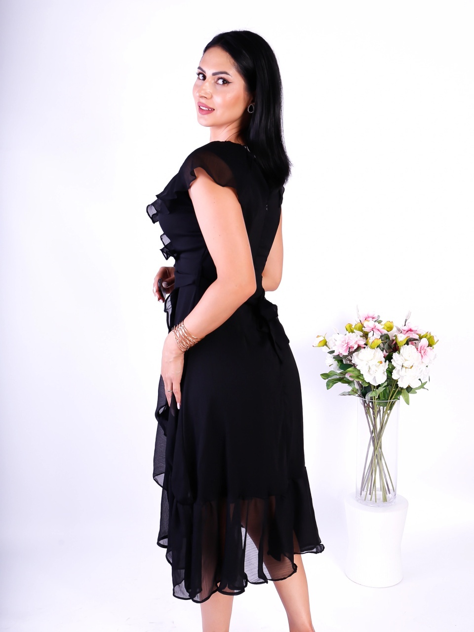 ALESSIA Rochie dama neagra vaporoasa cu volane si cordon in talie - 1 | YEO