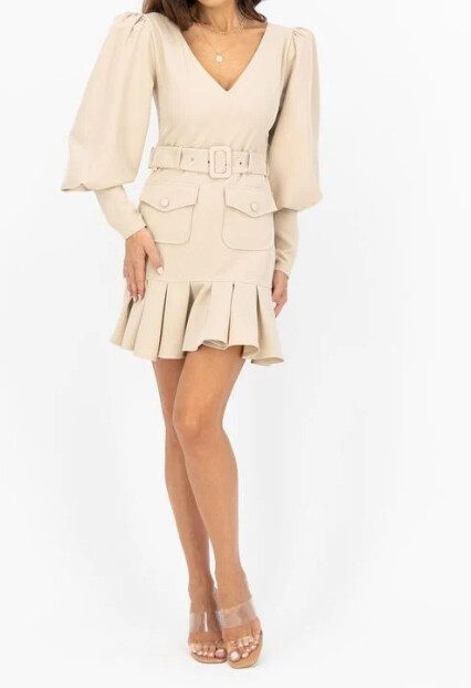 Rochie dama KING&CLOWNS crem cu maneci bufante si accesoriu la bust - 1 | YEO