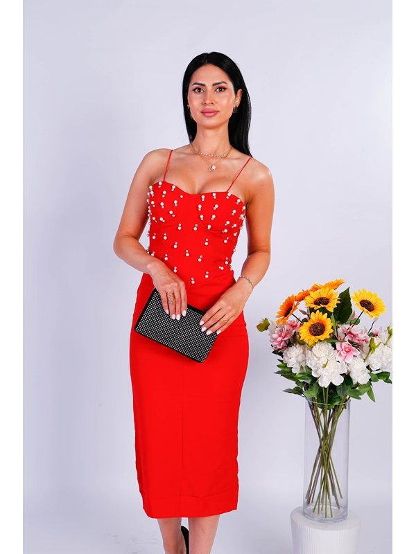 Rochie midi elegantă, rosie , cu pietricele – potrivită pentru evenimente