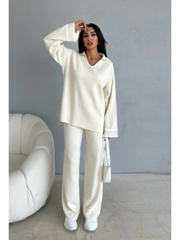 Compleu damă tricot 2 piese Pufy crem – soft & confortabil
