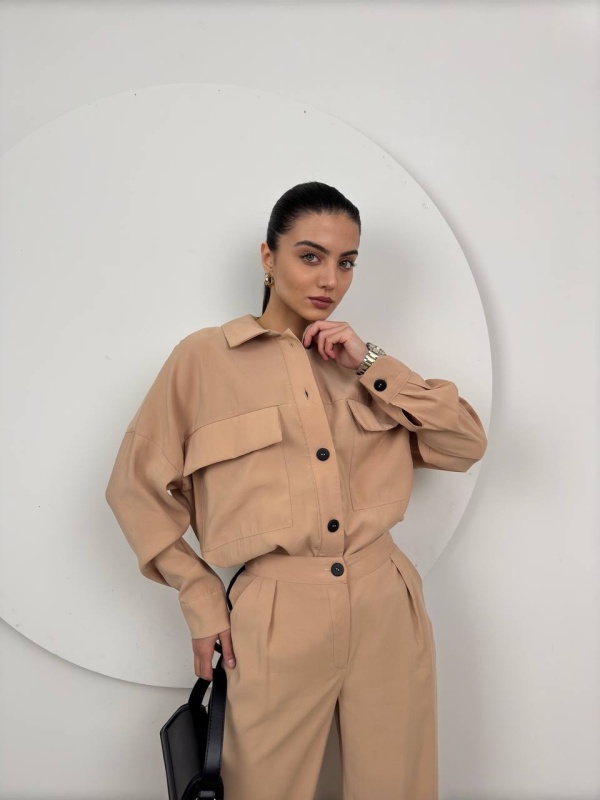 set casual dama doua piese maro bluza cu maneca lunga si pantaloni