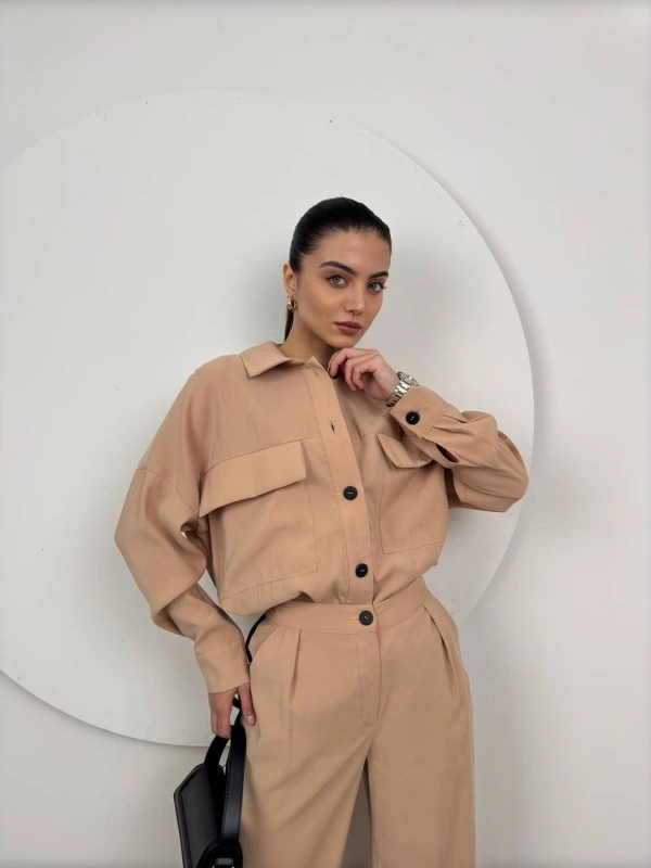 set casual dama doua piese maro bluza cu maneca lunga si pantaloni