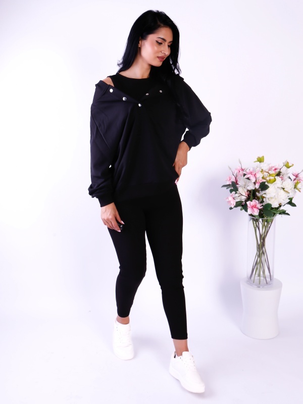 Compleu damă 3 piese negru – Bluza, top și pantaloni drepți