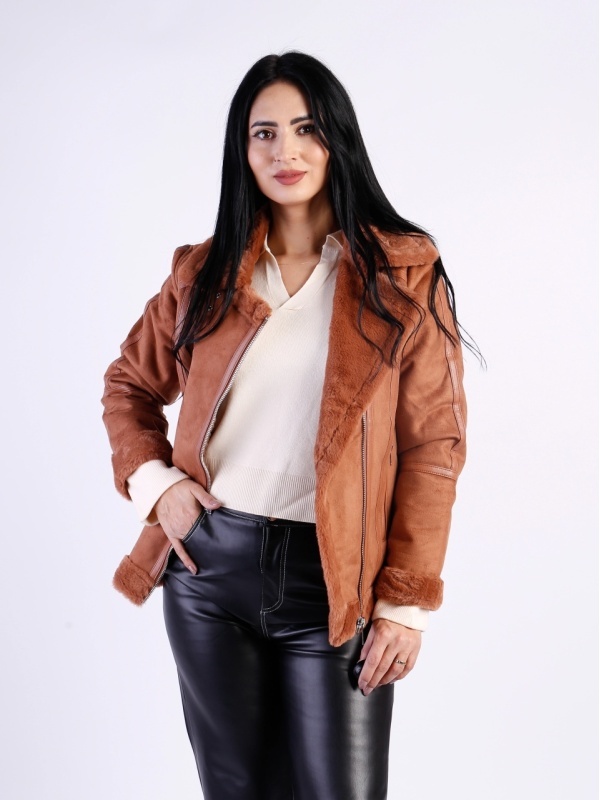 Geacă de iarnă damă scurtă maro cu blană artificială și fermoar - Img 3
