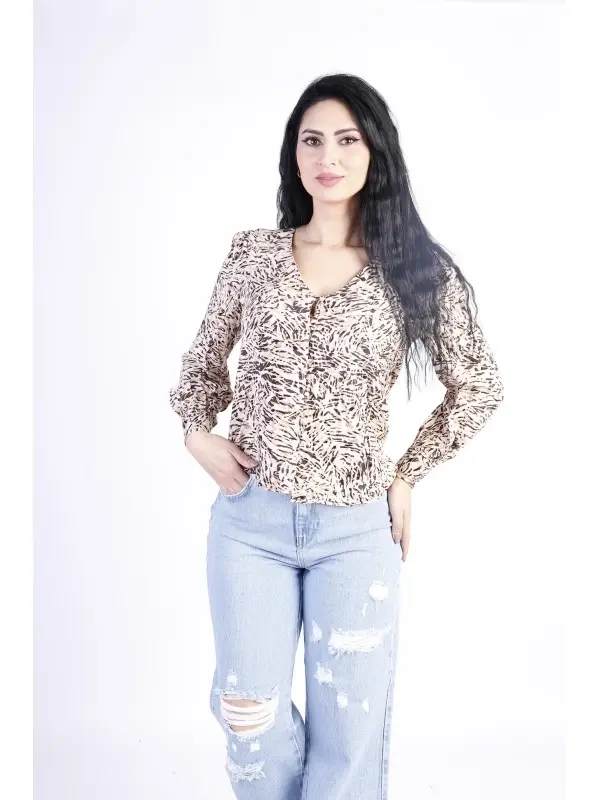 Bluza dama ELA bej cu imprimeu negru