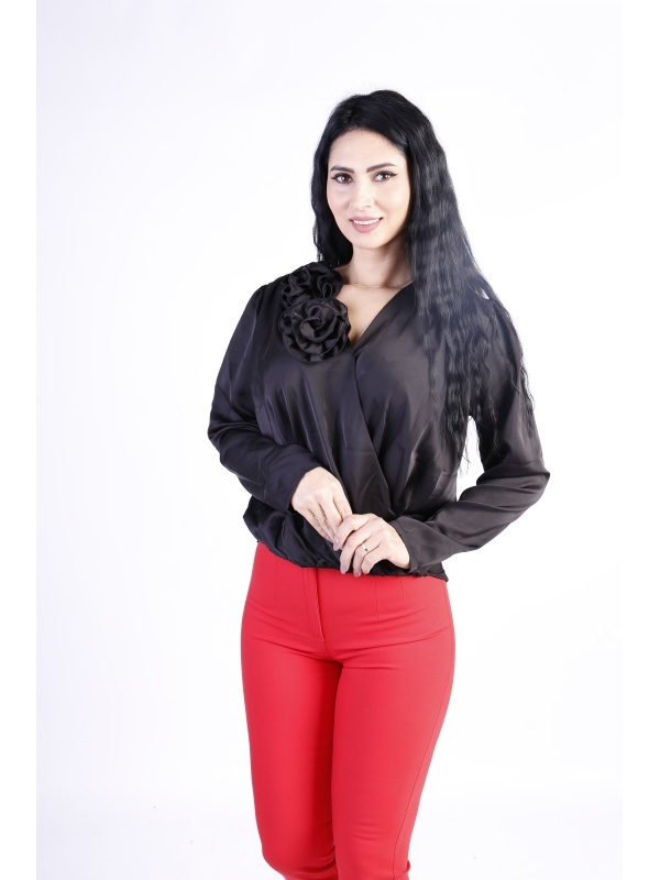 Camasa eleganta din satin cu detalii florale Negru