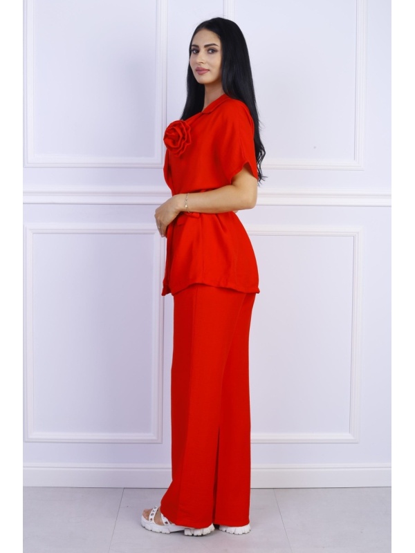 Compleu dama casual cu maneca scurta accesorizat cu floare
