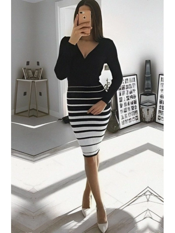 Rochie midi cambrată cu dungi albe – stil casual feminin