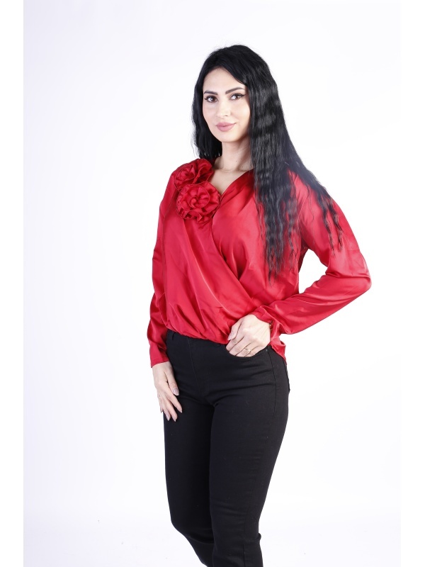 Camasa eleganta din satin cu detalii florale Rosu