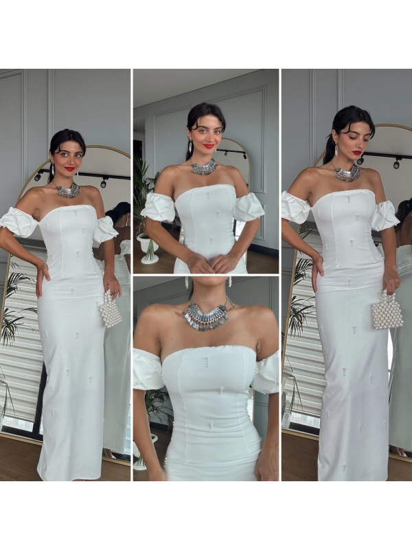 Rochie Alba Elegantă Lunga cu Umeri Goi și Aplicații Perlate 