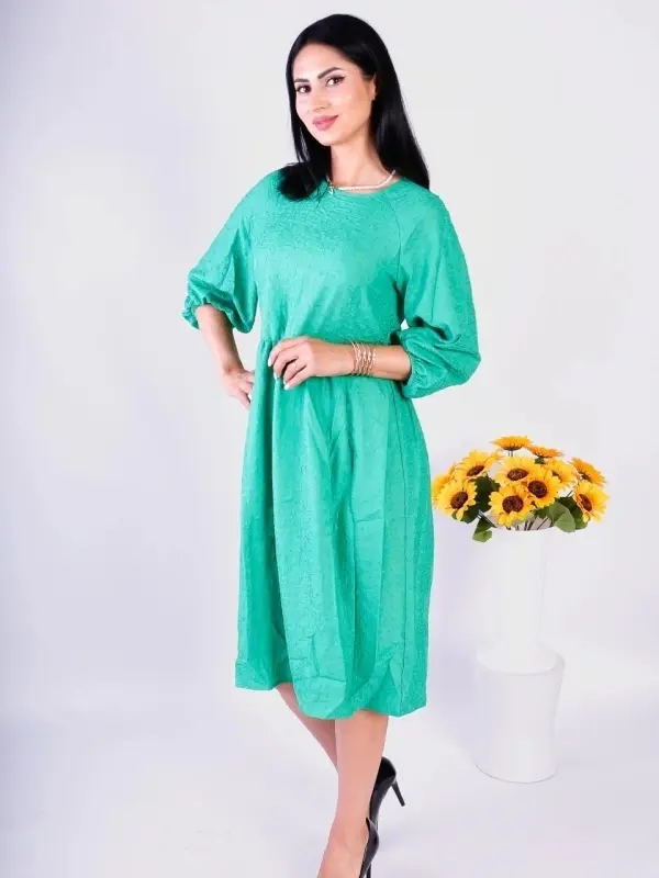 Rochie damă verde midi elegantă cu mâneci bufante