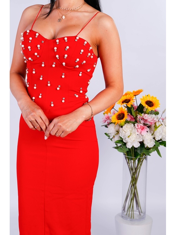 Rochie midi elegantă, rosie , cu pietricele – potrivită pentru evenimente