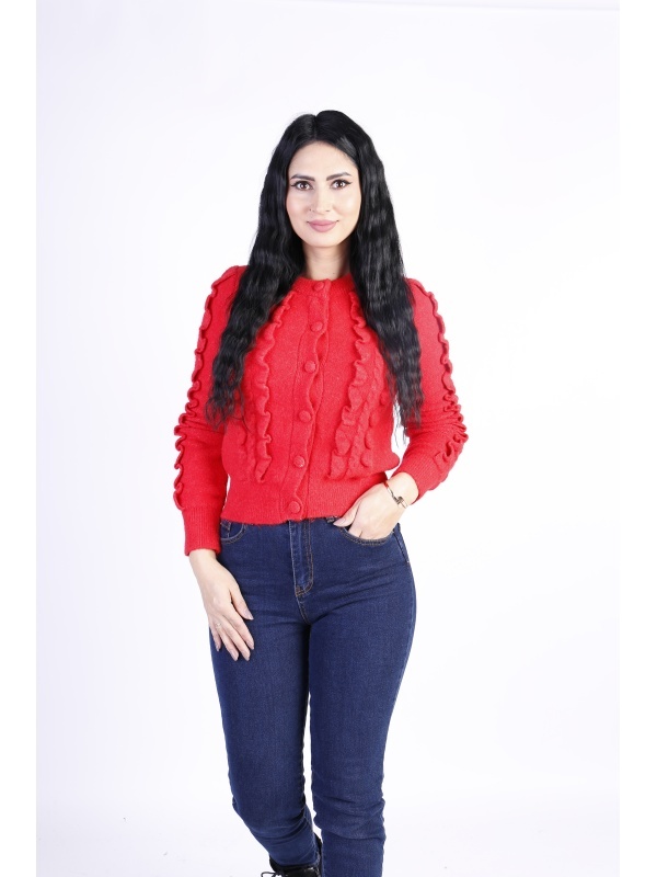 Cardigan dama Tricotat cu Volane Rosu