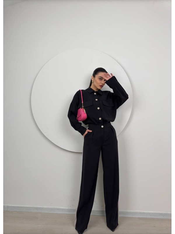 Compleu casual damă Erikanegru cu bluza lejeră și pantaloni comozi
