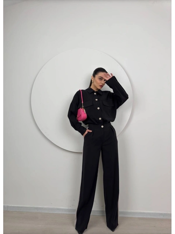 Compleu casual damă Erikanegru cu bluza lejeră și pantaloni comozi