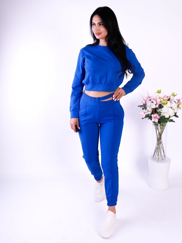 Compleu dama albastru sport cu bluza crop si pantaloni jogger