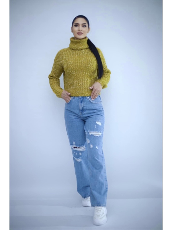 Pulover dama VERO MODA guler inalt aspect impletit mustar - Img 2