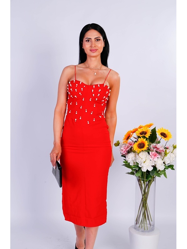 Rochie midi elegantă, rosie , cu pietricele – potrivită pentru evenimente