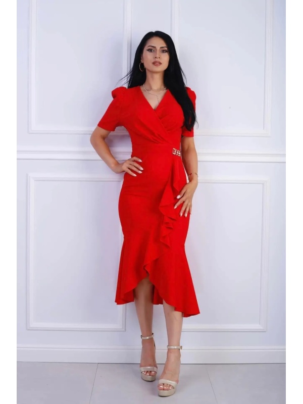 Rochie midi roșie elegantă cu detalii metalice – stil rafinat