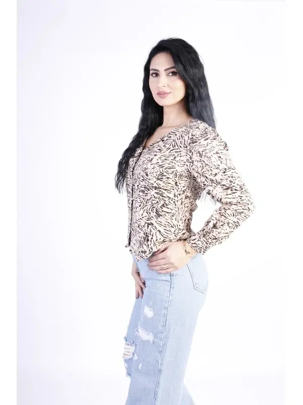 Bluza dama ELA bej cu imprimeu negru
