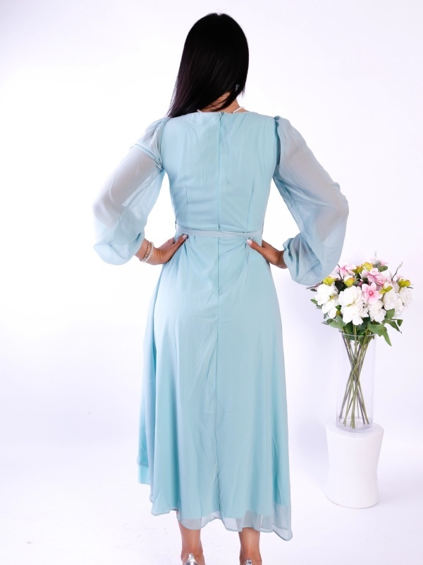 Rochie Albastră Elegantă cu Mâneci din Dantelă
