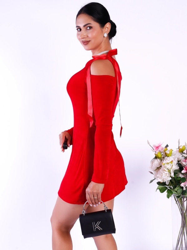 Rochie rosie eleganta scurta cu un umar gol si maneca lunga decorata cu funda satinata ideala pentru petreceri si evenimente speciale