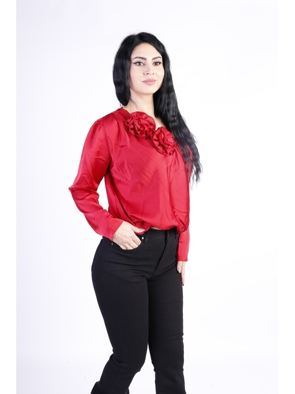 Camasa eleganta din satin cu detalii florale Rosu