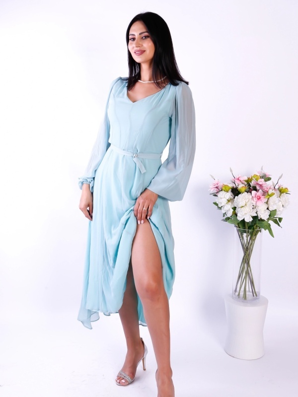 Rochie Albastră Elegantă cu Mâneci din Dantelă