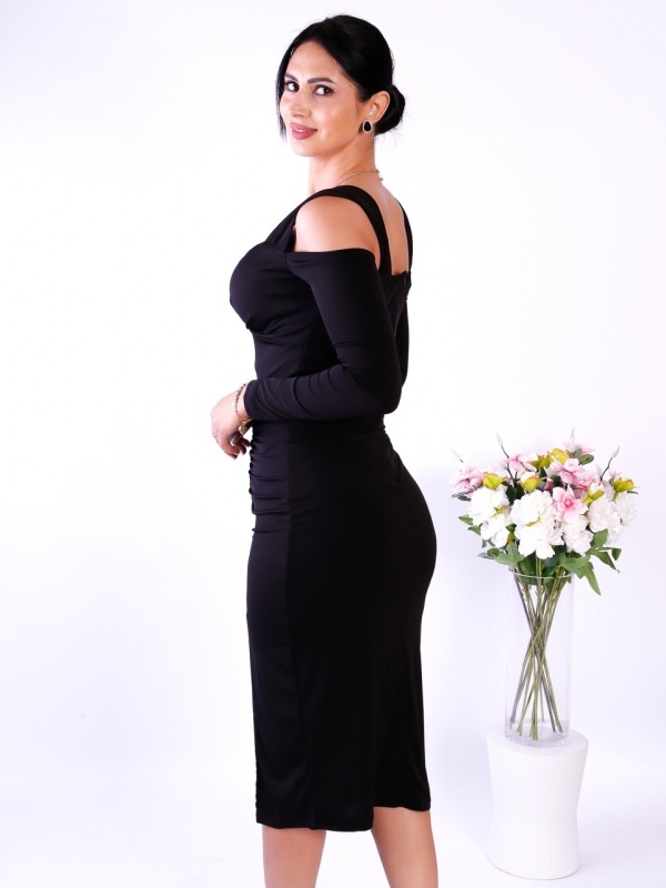 Rochie Neagră Midi Elegantă cu Mâneci Lungi