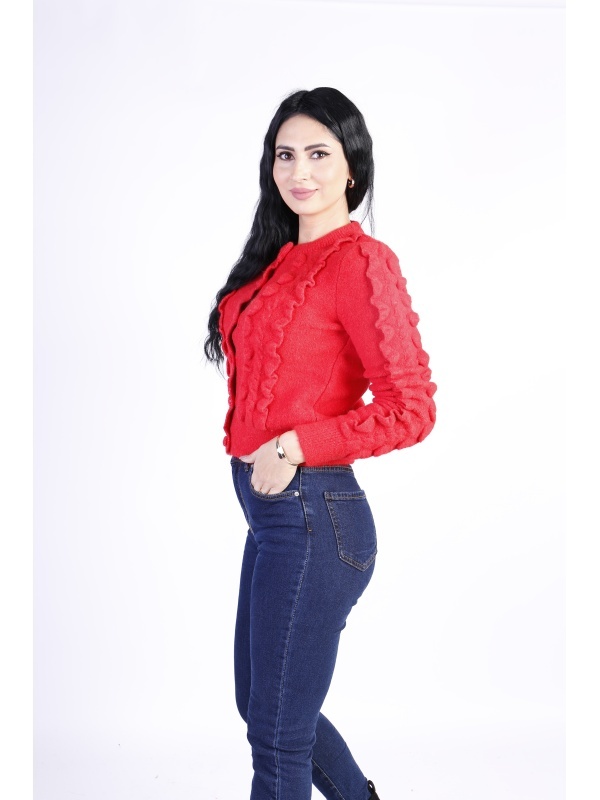 Cardigan dama Tricotat cu Volane Rosu