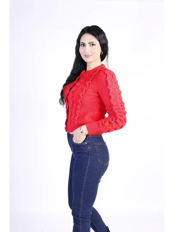 Cardigan dama Tricotat cu Volane Rosu