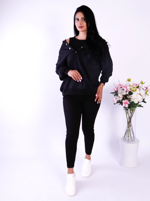 Compleu damă 3 piese negru – Bluza, top și pantaloni drepți