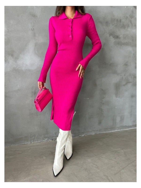 Rochie dama casual din tricot polo look fucsia
