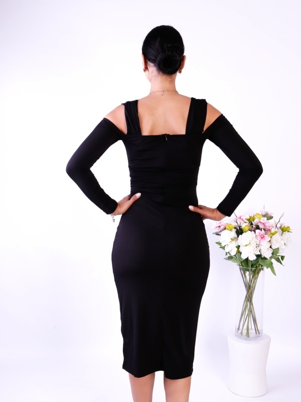Rochie Neagră Midi Elegantă cu Mâneci Lungi