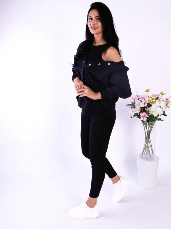 Compleu damă 3 piese negru – Bluza cu gluga , top și pantaloni drepți