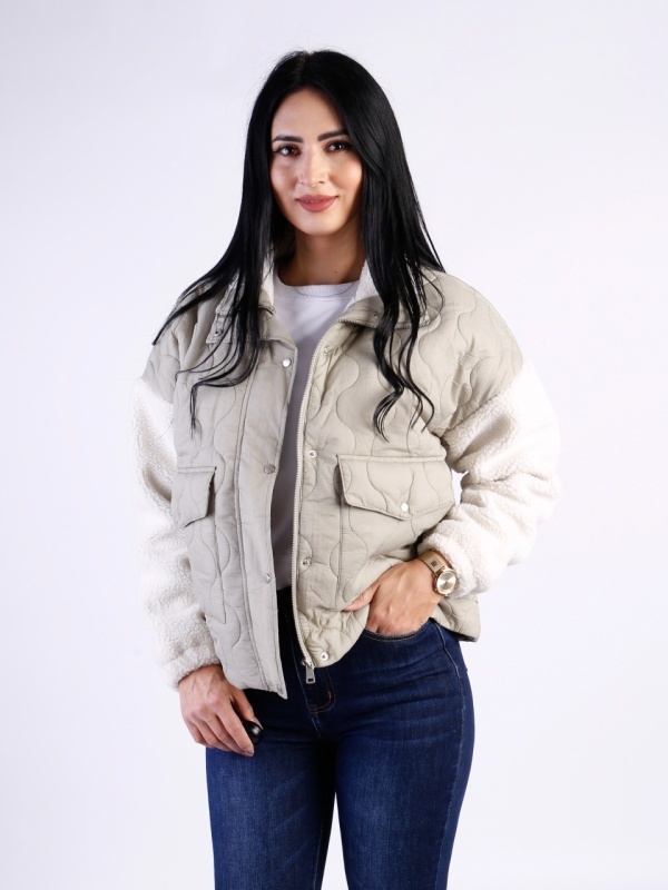 Jachetă damă scurtă crem de iarnă cu mâneci din material pufos - Img 2