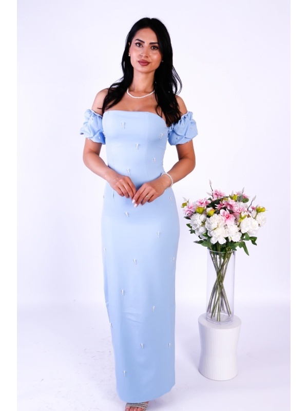 Rochie Bleo Elegantă Lunga cu Umeri Goi și Aplicații Perlate